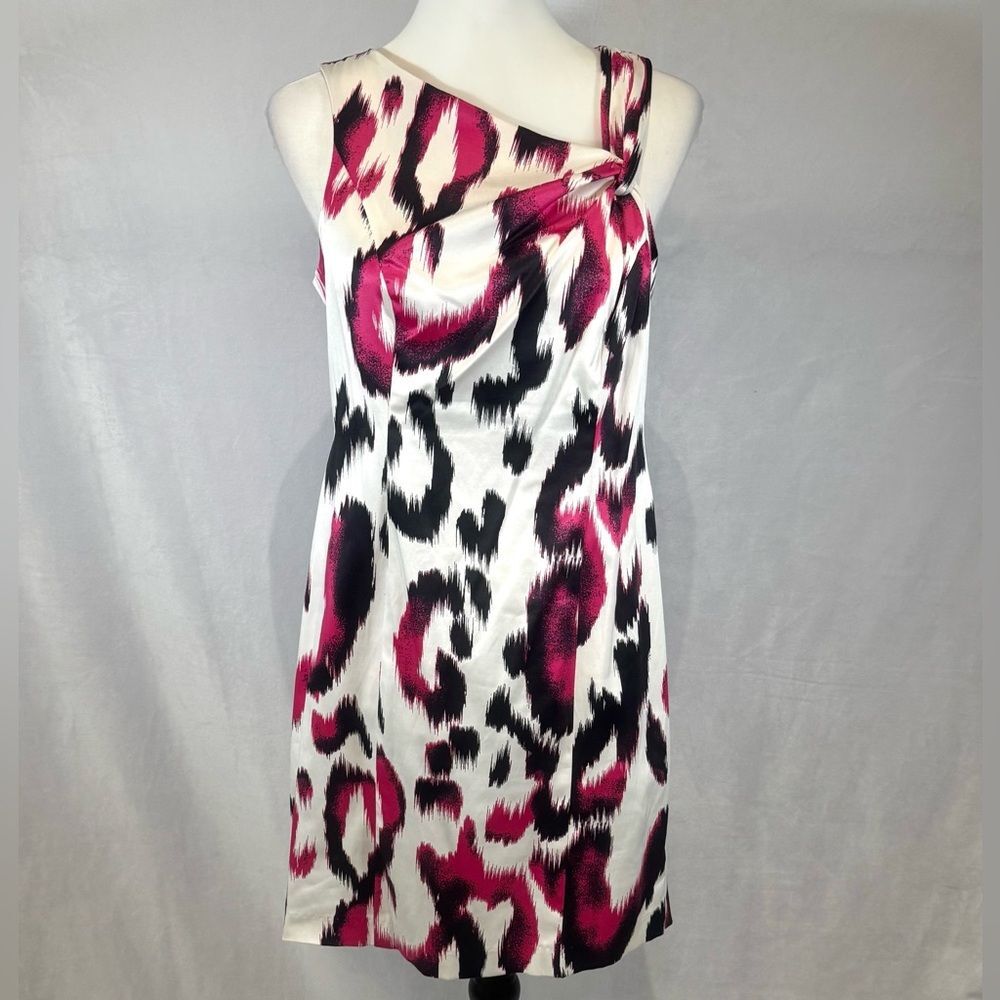 White pink and black animal print one shoulder twist sheath dress size 8P